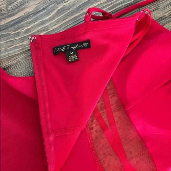 City Triangles Fit & Flare Mini Formal Party Dress Womens Jrs M Red Mesh Waist - Picture 6 of 11